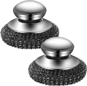 2Pack Steel Wool Scrubber Set, Stainless Steel Scrubber with Stainless Steel Handle, for Cleaning Dishes, Cast Iron, Stock Pots, Pans, Griddles, Grills Sponges