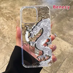 Clear Magnetic Case for iPhone 16 Pro Max 15 Plus 14 13 12 11 XR E XS Dragon Pattern Acrylic Hard Back Soft Silicone Edge Anti-Fall Cover Shell for Male
