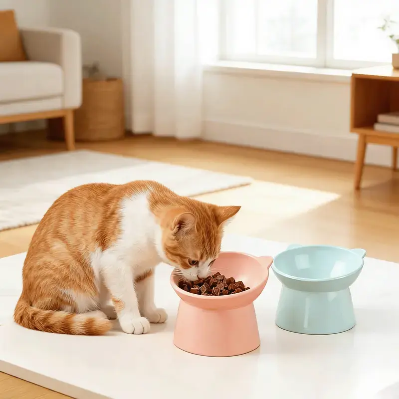 Slanted Neck Protection Pet Feeding Bowl, Large Diameter Plastic Bowl, Elevated Whisker Friendly Shallow Bowl, Anti Vomiting Anti-Tip Design for Dog & Cat