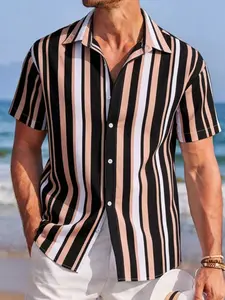 Men's Striped Print Button Front Shirt, Casual Style Shirt, Regular Fit Casual Short Sleeve Collared Top for Summer, Men's Clothes for Beach Vacation