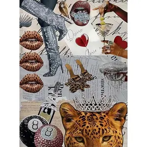 5D DIY Full Drill Diamond Painting Kit Leopard Print 8 Ball Collage Y2K Aesthetic Art Craft for Adults Home Wall Decor