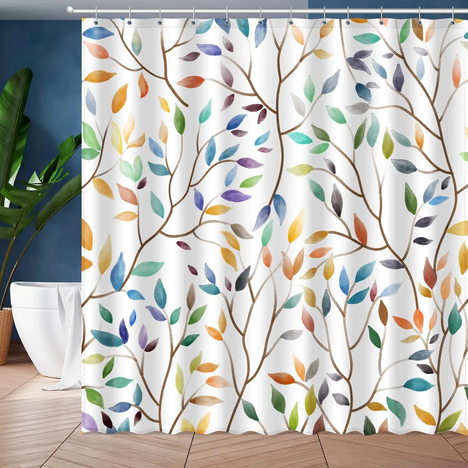Boho Leaf Floral Shower Curtain, Spring Summer Modern Colorful Botanical Leaves Bohemian Fabric Shower Curtain Set with Hooks, Bathroom Accessories Decor Shower Curtain