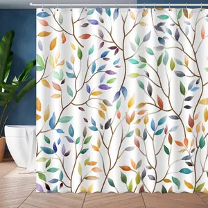 Boho Leaf Floral Shower Curtain, Spring Summer Modern Colorful Botanical Leaves Bohemian Fabric Shower Curtain Set with 12 Hooks, Bathroom Accessories Decor Shower Curtain