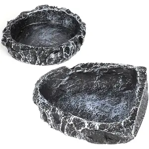 Reptile Water Dish Food Bowl for Bearded Dragon Tank Accessories, Reptile Rock Feeder for Tank 2 Pack Corner Resin Terrarium Bowl for Leopard Gecko Hermit Crab Tortoise Snake, Black