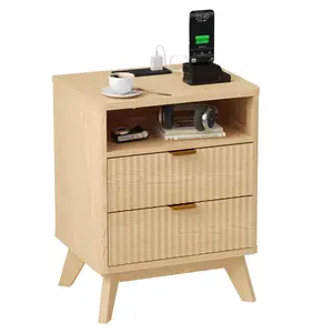 Fluted Nightstand with 2 Drawers and USB Charging Station, Natural Wood Night Stand, Open Shelf Walnut Bedside Table for Living Room ,Natural