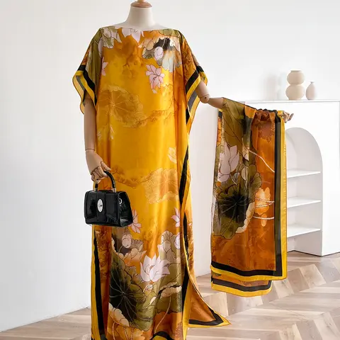 Elegant Floral Print Long Robe with Headscarf, Thin Woven Fabric for All Seasons, Perfect Beach Cover-Up and Sun Protection, Beach Coverups, Summer Coverup