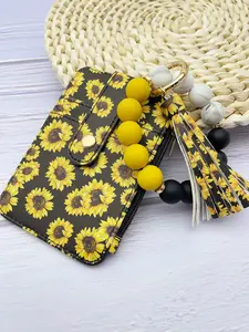 Women's Silicone Beaded Bracelet Keychain Holder, Floral Pattern Keychain, Cow Print Design, Perfect for Halloween & Daily Use, Ladies Wrist Accessory