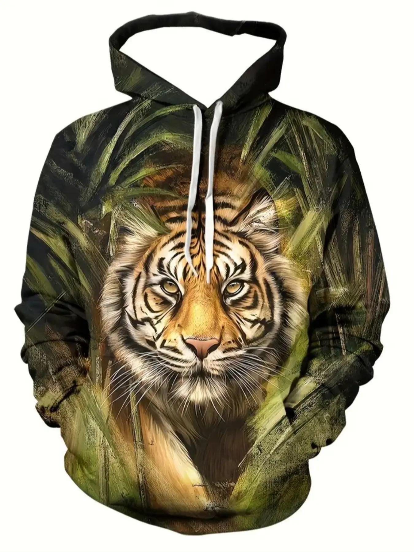 Men's 3D Tiger Print Hoodie, Long Sleeve Casual Fitted Jacket, Drawstring Pocket Design, Fashionable Spring & Fall Wear, Graphic Hoodie Sweatshirt, Casual Hooded Sweatshirts