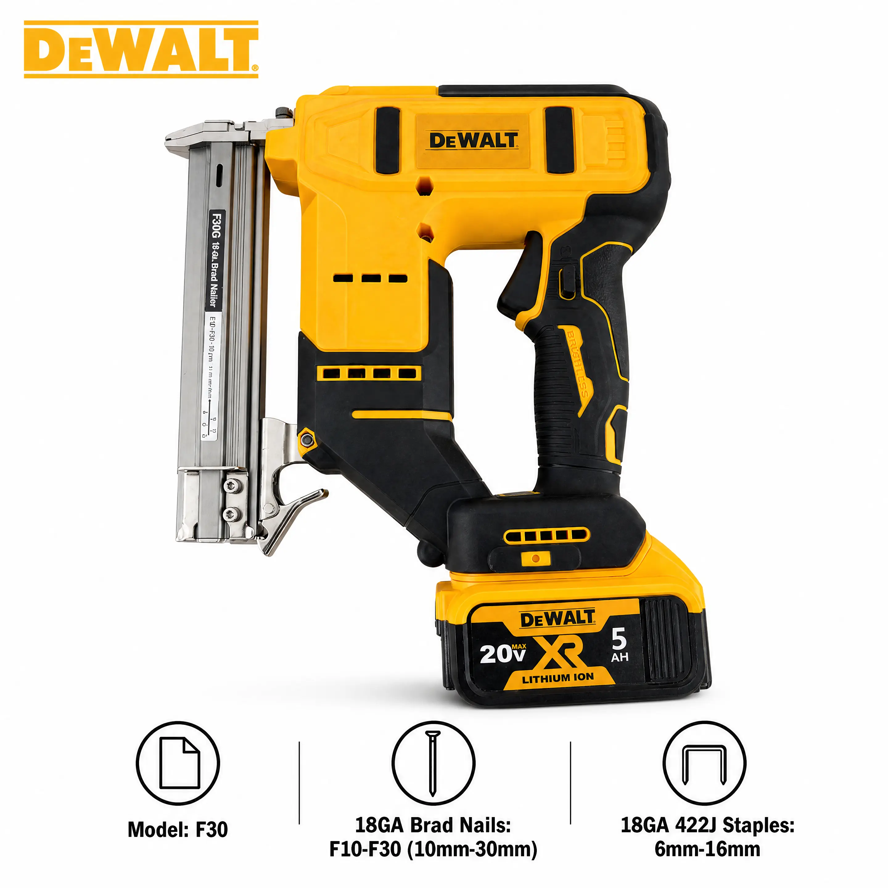 DEWALT F30 Brushless 2 In 1 Cordless Brad Nailer Stapler, 20V MAX Bare Unit, Single & Contact Actuation, Adjustable Depth Anti-Jam Design, For Molding Baseboards, Wood Crafts, Professional Carpenter & Home DIY Projects
