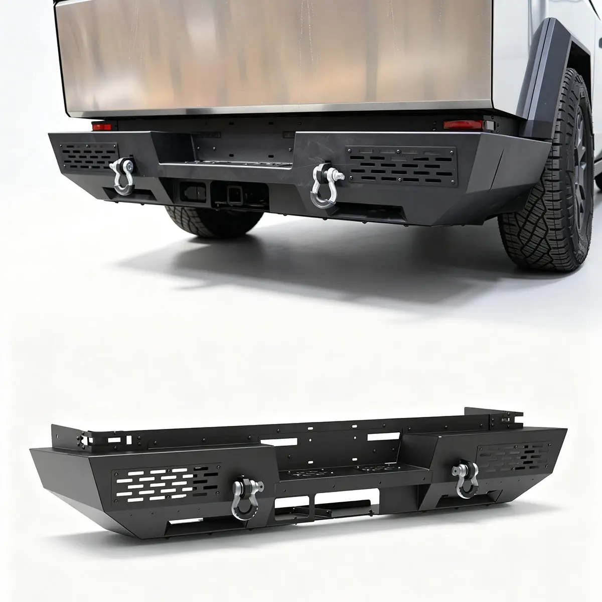 WOLFSTORM Rear Bumper for 2024-2026 Tesla Cybertruck, Custom-OEM Fit Carbon Steel Q235a Crash Guard, Wing Spoiler, 1x Side Wings, Trailer Hitch Towing Mounts, Auto Replacement Body & Frame Part, Sleek Aesthetic Upgrade, Off-Road Confidence Booster
