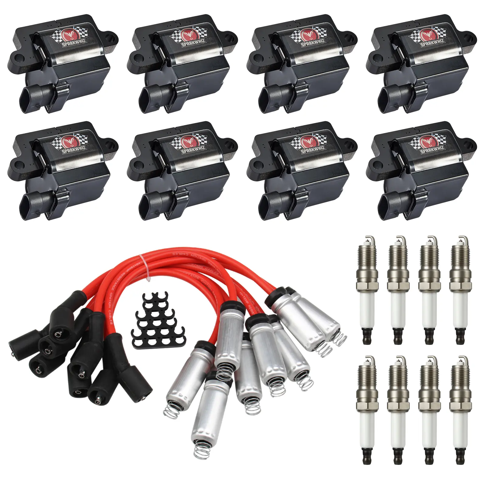 Square Ignition Coil Pack Complete Auto Parts Replacement Kit - UF271 D581 Coils, 748EE Wires Set, Spark Plugs, Part 12558693 for GM Trucks Ignition Repair (GMC Sierra, Suburban, Escalade; Chevy Silverado 1500, Avalanche 4.8L 5.3L 6.0L)