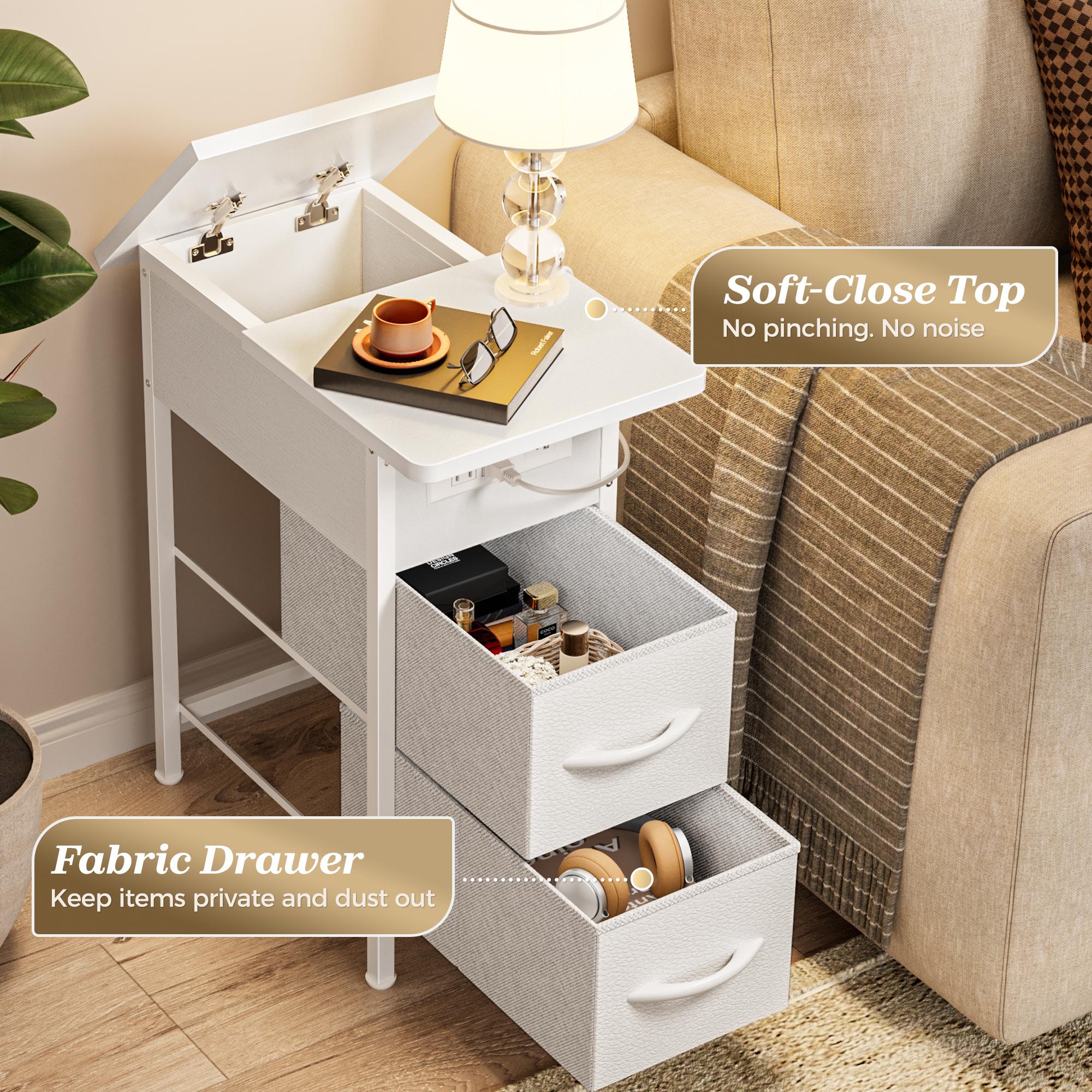 Huuger Narrow End Table with Charging Station, Flip Top Side Table with 2 Fabric Drawers, Slim Night Stand with USB-C Port for Small Spaces, Nightstand Bedside Couch Table, Living Room Huuger Narrow End Table with Charging Station, Flip Top Side Table with 2 Fabric Drawers, Slim Night Stand with USB-C Port for Small Spaces, Nightstand Bedside Couch Table, Living Room