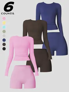 Women's 2-Piece Sportswear Set, Long Sleeve Round Neck Sports T-Shirt & High Waist Tight-Fitting Shorts Yoga Women's 2-Piece Sportswear Set, Long Sleeve Round Neck Sports T-Shirt & High Waist Tight-Fitting Shorts Yoga