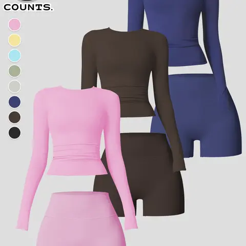 Women's 2/6 Piece Sport Set, Long Sleeve Round Neck T-Shirt and High Waist Tight Shorts, Casual Yoga Fitness Clothing for All Seasons