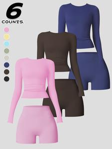 Women's 2-Piece Sportswear Set, Long Sleeve Round Neck Sports T-Shirt & High Waist Tight-Fitting Shorts Yoga