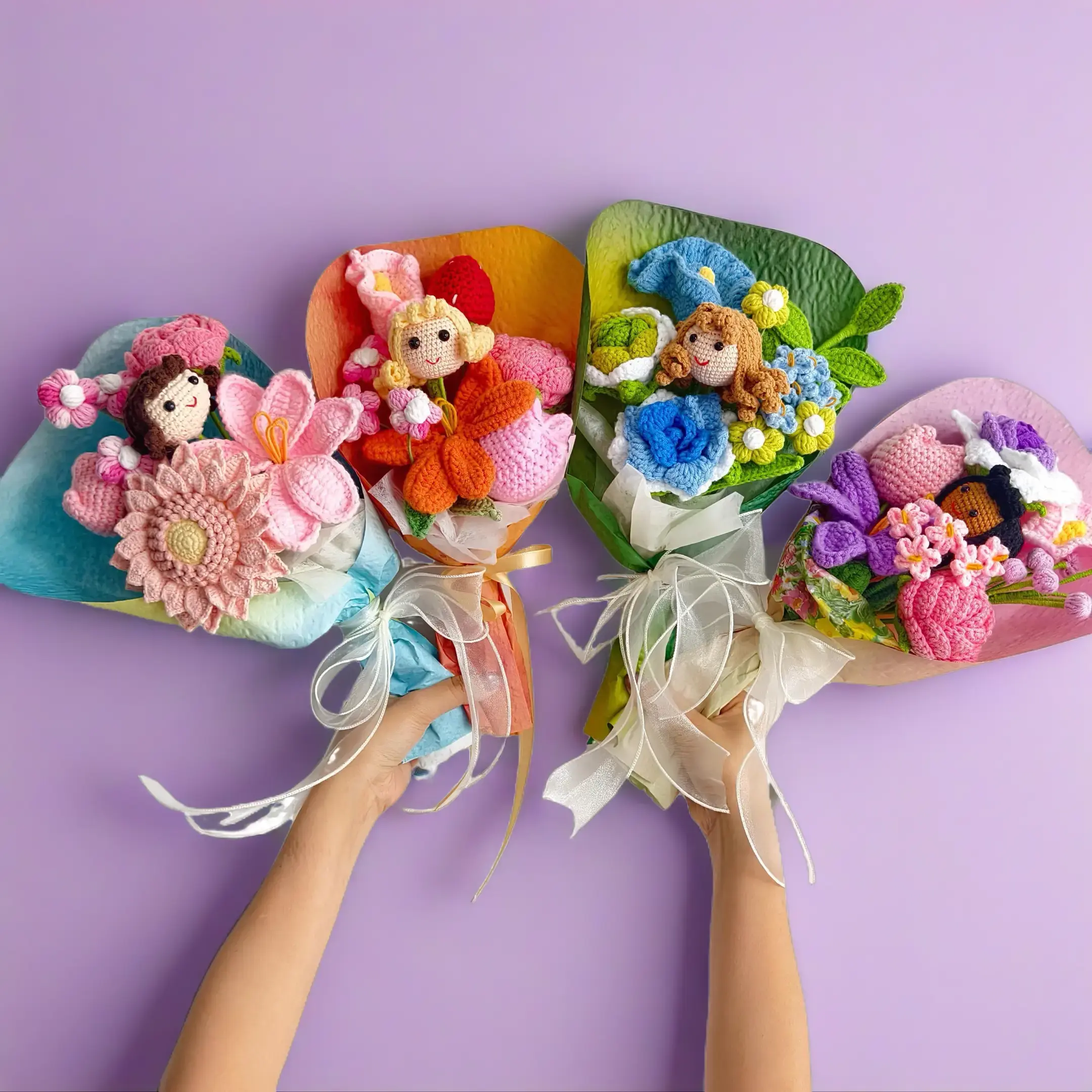 Crochet Flower Bouquet Teacher Thank You Gift, Handmade Yarn Flowers with Optional Doll, Appreciation Keepsake Desk Decor