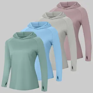 CXQVRLIXO 4 Pack Women's Outdoor Sun Protection Hooded Long Sleeve T-Shirt High Elastic Quick-Dry Running Training Sweatshirt Thumbhole Design Sports Top