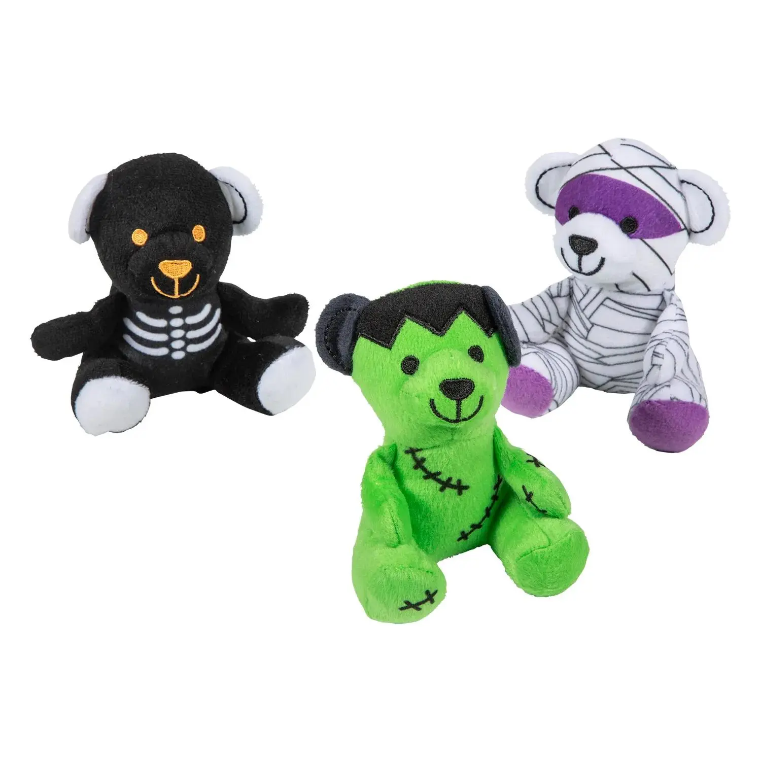 4 1/2" Halloween Skeleton, Mummy & Frankenstein Stuffed Bears - 12 Pc.