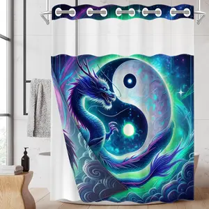 1pc 2D Flat hookless shower curtain with snap fastener and inner lining Taiji Blue-Purple Dragon Waterproof inner lining shower curtain, transparent window, double-layer shower curtain, 71 x 74 inches, modern family curtain decoration, Bathroom