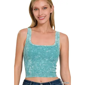 Zenana 2 Way Neckline Washed Ribbed Seamless Tank Top