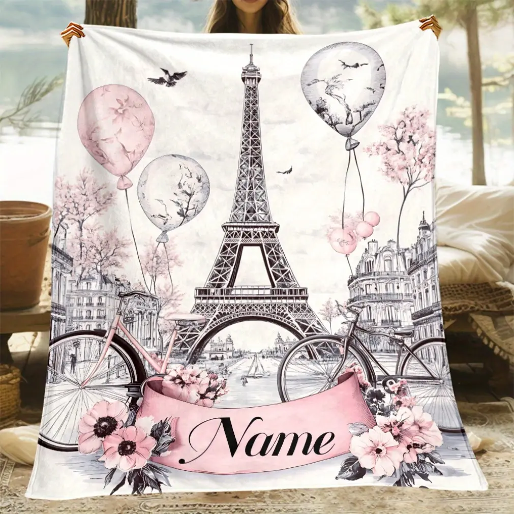 Personalized Paris Eiffel Tower Blanket – Soft Flannel Throw with Custom Name, Romantic Parisian Design with Balloons & Floral Accents – Lightweight & Warm for Sofa, Bed, Travel, Camping – Perfect Gift for Adults