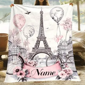Personalized Paris Eiffel Tower Blanket – Soft Flannel Throw with Custom Name, Romantic Parisian Design with Balloons & Floral Accents – Lightweight & Warm for Sofa, Bed, Travel, Camping – Perfect Gift for Adults