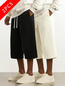 2-pack men’s summer corduroy casual pants, 3/4 length, loose straight cut, breathable fabric