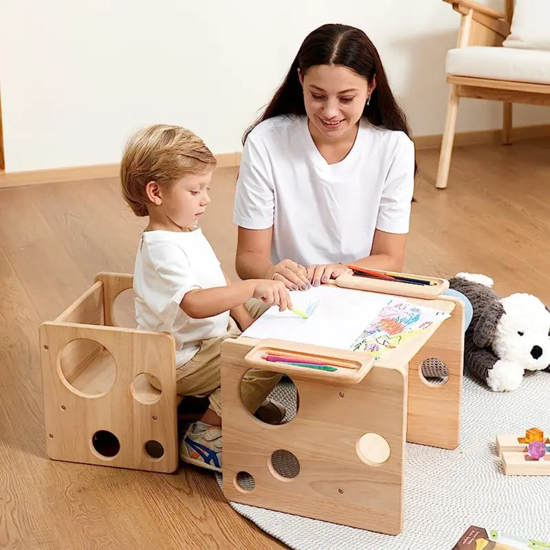 Woodtoe Baby Chair and Table Set, Montessori Weaning Table and Chair Set for Toddler 1-3, Natural Wooden Activity Table Cube Chair for Drawing Reading, Montessori Furniture Birthday Gifts for Baby Boys Girls 1-3