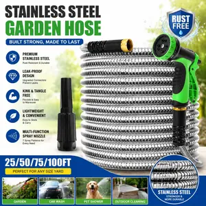 25/50/75/100FT Expandable Garden Stainless Steel Water Pipe, Flexible and Durable, Without Distortion, Anti Puncture, used For Lawn, Courtyard Watering, Garden Car Washing, Pet Cleaning, Easy to Store