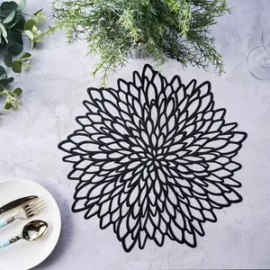 6-Pack Vinyl Dining Table Mats 15" Floral Round Design Black - Non-Slip Placemats