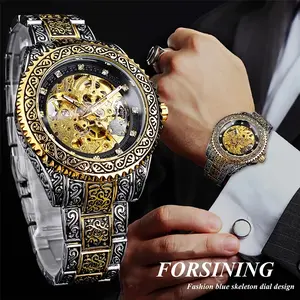Golden Luxurious Mechanical Wristwatch - Men's Vintage Fashion Carved Brand Watch with Hollowed-out Design and Butterfly Clasp