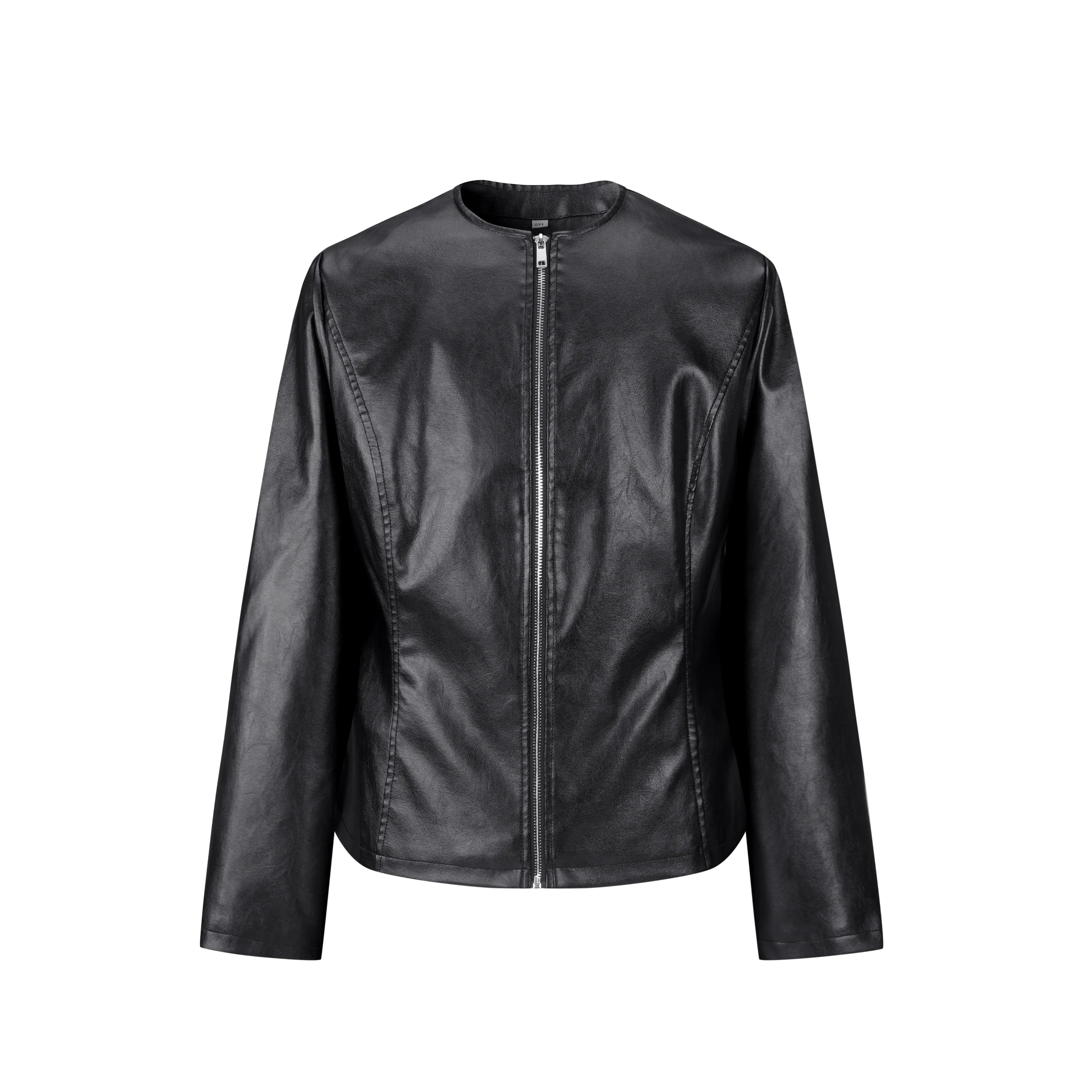 Women's Plus Size Collarless Long Sleeve Plain Faux Leather Moto Jacket - Full Zip, Slim Fit, Elegant, Comfortable Black PU Style Coat