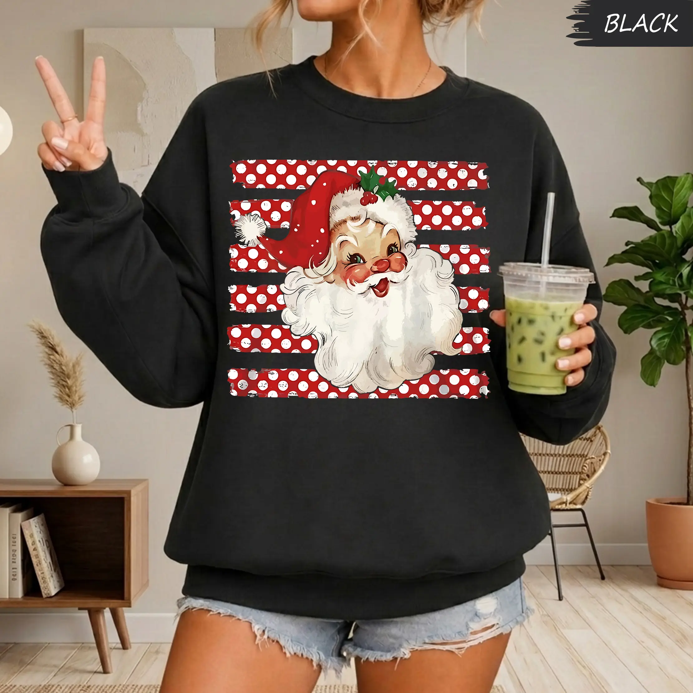 Retro Striped Funny Santa Claus Vintage Christmas Sweatshirt, Preppy Polka Dots Santa Family Merry Xmas Shirt