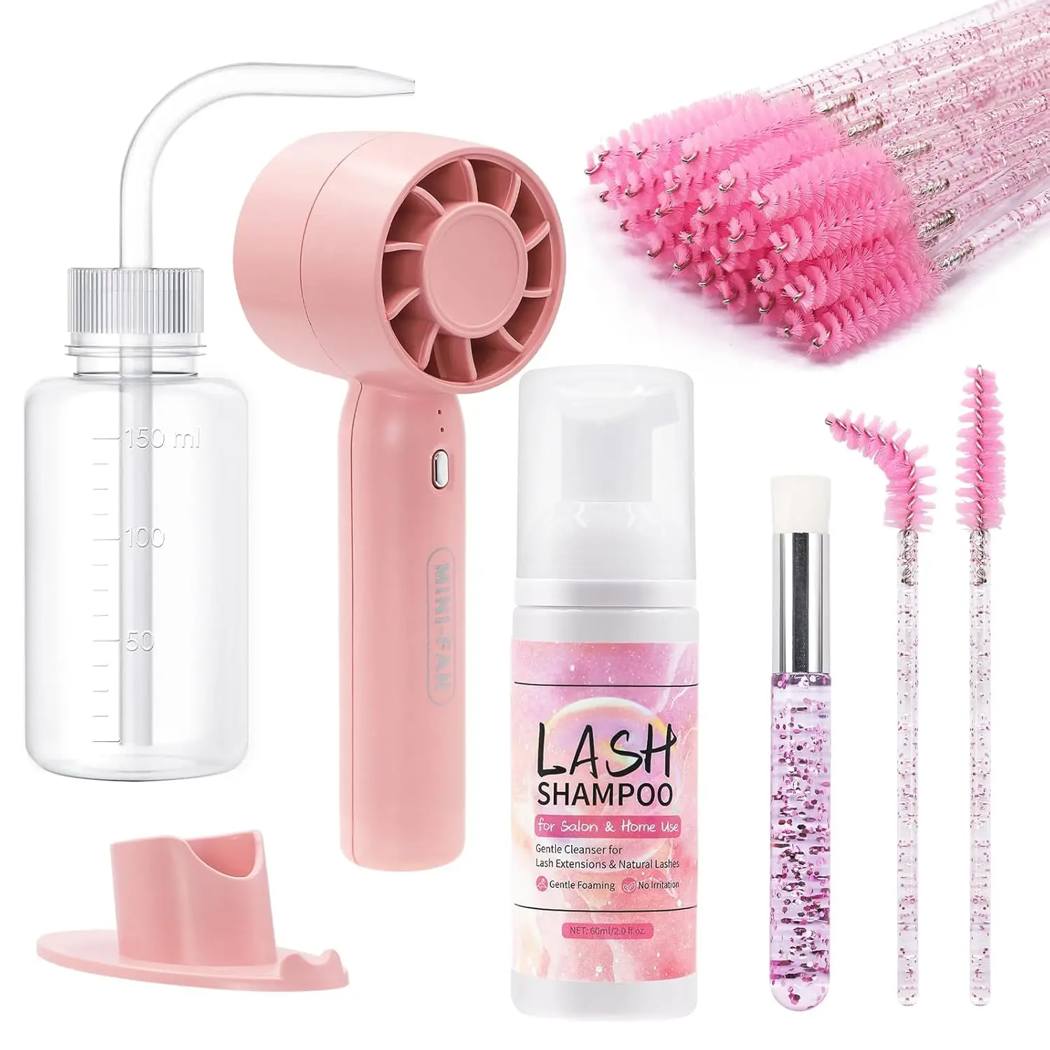 Halloween Gift  2 fl oz Lash Shampoo Kit – Oil-Free Eyelash Cleanser for Natural, Extension & Cluster Lashes, Includes Soft Brushes, Rinse Bottle & Rechargeable Fan for Salon & DIY Use