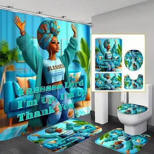 1/4pc African American Women's Pattern Bathroom Accessories, Shower curtain sets, including shower curtain, toilet U-shaped mat, bathroom mat, and toilet seat cover, perfect for bathroom decor, comes with 12 shower curtain hooks