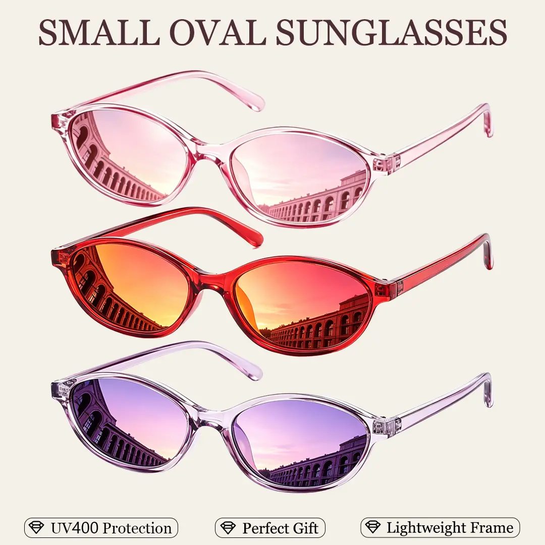 Retro Oval Cateye Sunglasses for Women Y2K Trendy Thin Frame UV400 Protection Summer Beach Shades 3 Packs Vintage Small Eyeglasses