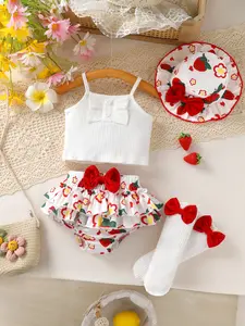 4-piece Elegant And Cute Baby Girl Set, Soft, Comfortable, Button Decoration Camisole Vest And Bow Decoration Flower Strawberry Pattern Ruffle Layered Imitation Group Shorts With Socks And Sun Hat, Suitable For Leisure, Daily Life, Vacation And Party