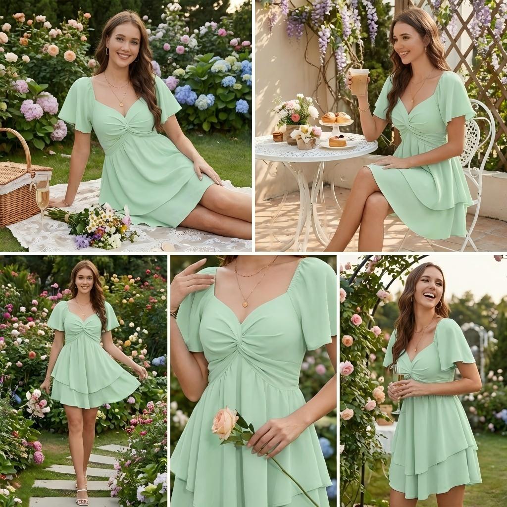 Florboom Women's Sweetheart Knot Front Mini Dress,Flutter Sleeve Layered Ruffle Hem A-Line Short Dress, Easter dress,Lightweight Summer Fit & Flare Dress for Vacation, Parties, and Everyday Style