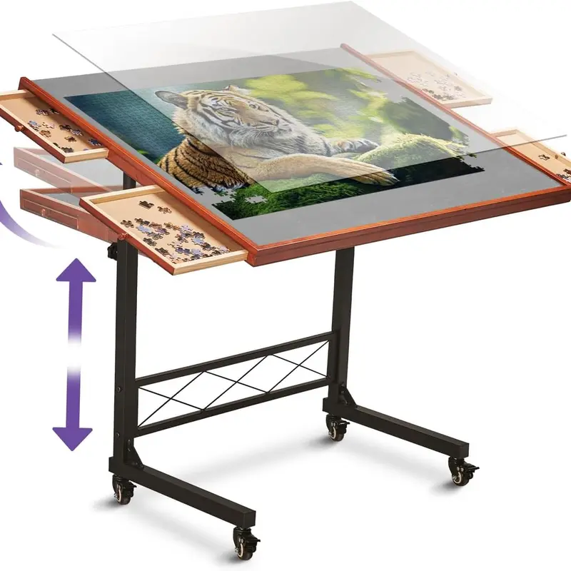 Jigsaw Puzzle Table with Storage | 1500-Piece Wooden Jigsaw Puzzle Board Table for Adults | Adjustable Height, Rolling Design, Cover & Free Puzzle