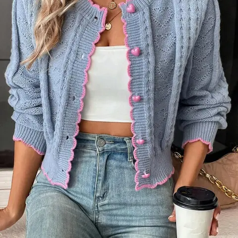 Women's Heart Pattern Cable Knit, Knitting, Colorblock Sweater Cardigan Knitwear, Autumn/Winter Long Sleeve Button Front Crew Neck Ruffle Trim, Daily Casual Cozy Baggy Loose Lightweight, Women Fall Outfit Fabric