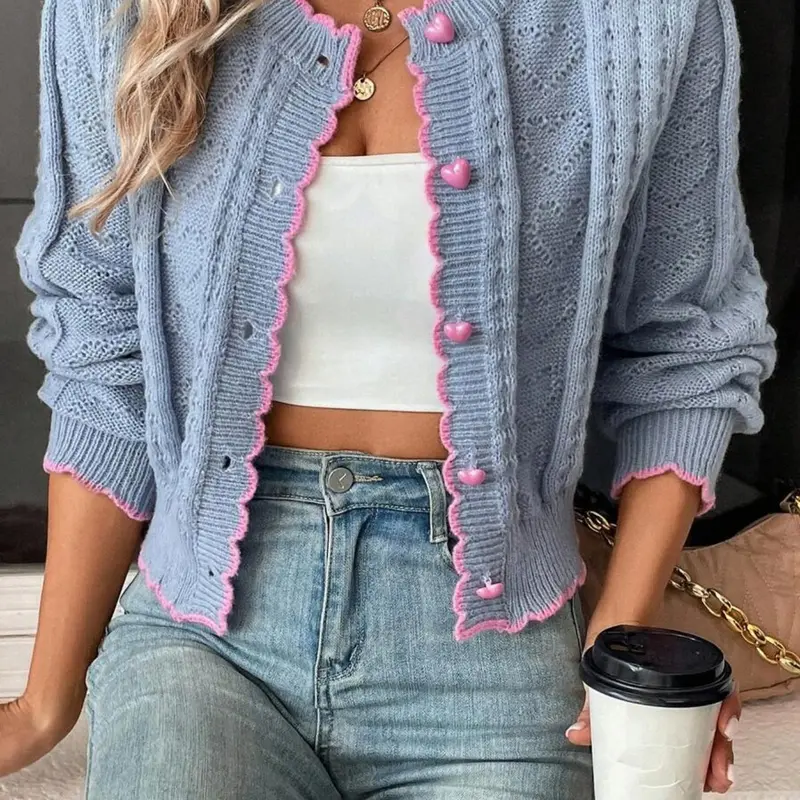 Women's Heart Pattern Cable Knit, Knitting, Colorblock Sweater Cardigan Knitwear, Autumn/Winter Long Sleeve Button Front Crew Neck Ruffle Trim, Daily Casual Cozy Baggy Loose Lightweight, Women Fall Outfit Fabric