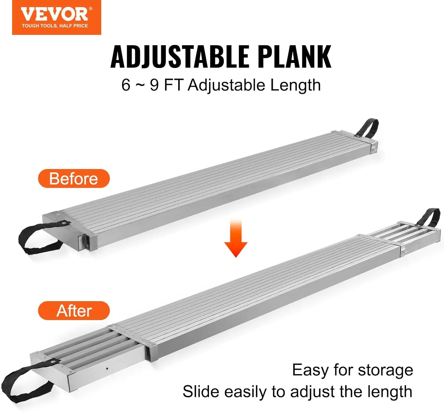 VEVOR Aluminum Telescoping Work Plank, Adjustable 6-9FT Length, 500lb Capacity, 12.5in Width, Compact Skid-Proof Platform, Scaffolding & Ladder Accessory for Indoor/Outdoor Use