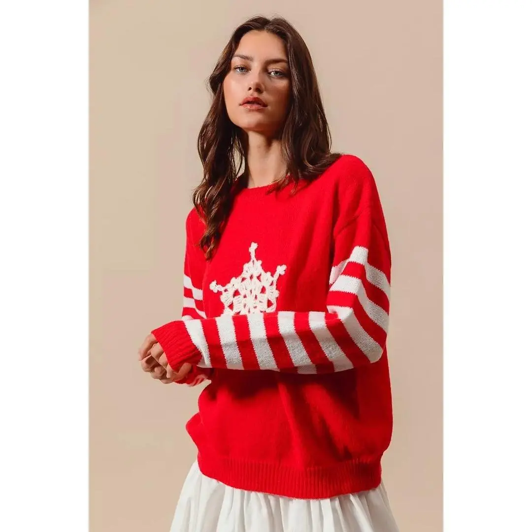 SO ME Christmas Snowflake Crochet Embellished Sweater - Festive Acrylic Ribbed Sweater for Holiday Gatherings