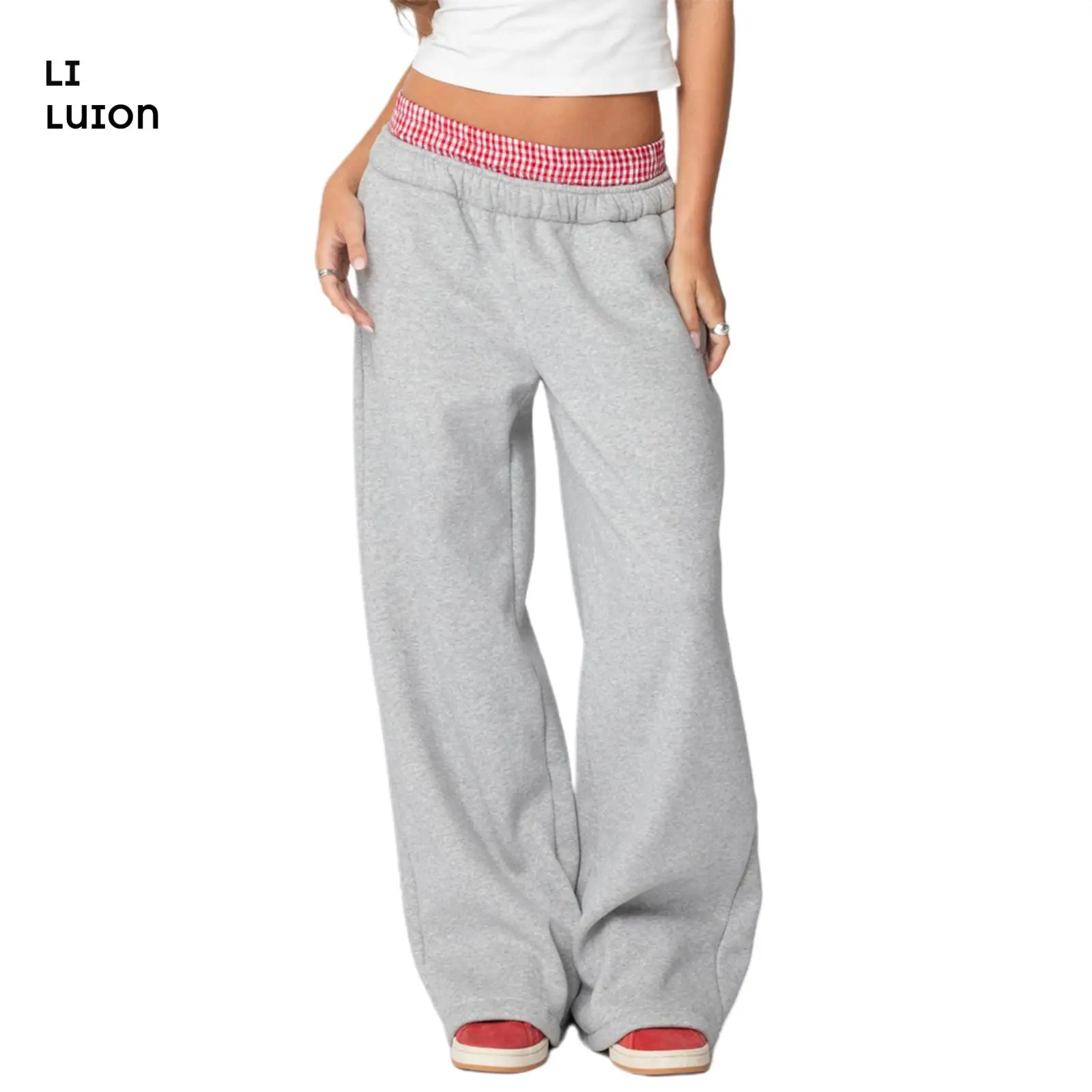 Women Elastic Jogger Sweatpants Plaid Patchwork Workout Running Pants with Pockets Casual Athletic Trousers for Sports