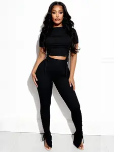 Women's Casual Two-Piece Set, Round Neck Short Sleeve Ribbed Knit Crop Top & High Waist Pants, Spring Summer, Tight-Fitting Design