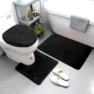 Luxury Home 3 Piece Super Microfiber Bathroom Rug Set Bath Rug Contour Mat & Lid Cover Non-Slip with Rubber Backing Solid Color Black Soft Highly Absorbent