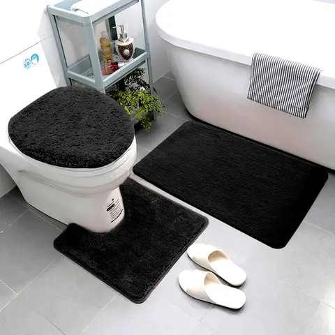 Luxury Home 3 Piece Super Microfiber Bathroom Rug Set Bath Rug Contour Mat & Lid Cover Non-Slip with Rubber Backing Solid Color Black Soft Highly Absorbent