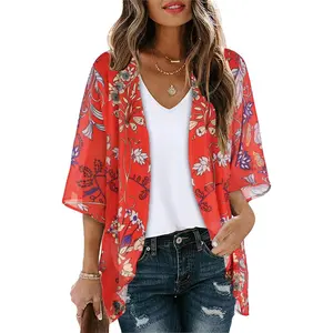 Women's Floral Print Puff Sleeve Kimono Cardigan Loose Cover Up Casual Blouse TopsGift