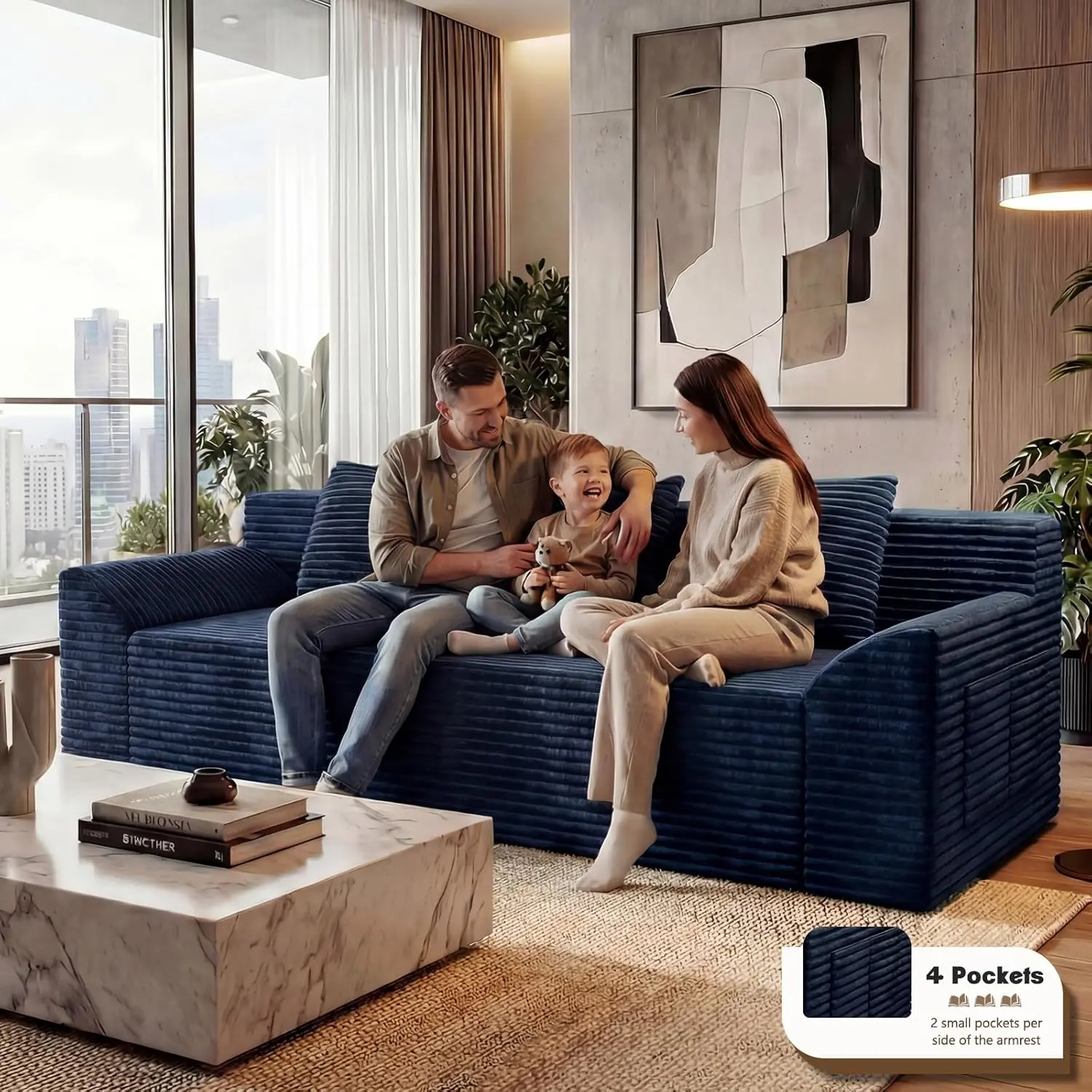 71"Cloud Loveseat Sofa Couch,Modern 3-Seater Boneless Couch with 3Pillows & Side Pocket,Soft Corduroy Loveseat,Compressed Foam,Deep Seat,No Assembly for Living Room,Bedroom,Apartment