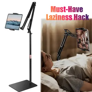 Tablet Floor Stand with Double Weight Base, Overhead Bed Phone Mount Height Adjustable Arm Stretchable Stand Holder, Suitable for 4.7''-11'' iPad Mini Air Pro, Galaxy Tab, Kindle, Switch, Cell Phones Smartphone
